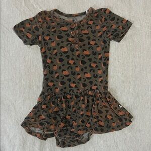 Posh Peanut Leopard Print Ruffle Baby Dress Romper - Olive & Rust 18-24 months